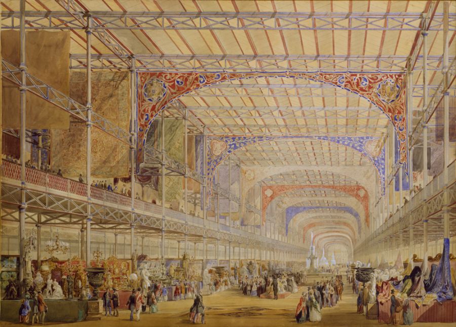 This is one of two paintings from the finally accepted outlined sketches of Crystal Palace, by the artist William Simpson who illustrated ‘Owen Jones's design for the interior of the Great Exhibition’ in 1850. The colourful atmosphere depending on textile arrangements is among other details concluded as follows by the V&A: ‘The central fabric hangings shown in the William Simpson watercolour never materialised, but they would have complemented the hanging carpets in creating the atmosphere of an eastern bazaar.’ (Courtesy of: Victoria and Albert Museum, V&A, no. 546-1897, Watercolour on Paper, 1850).