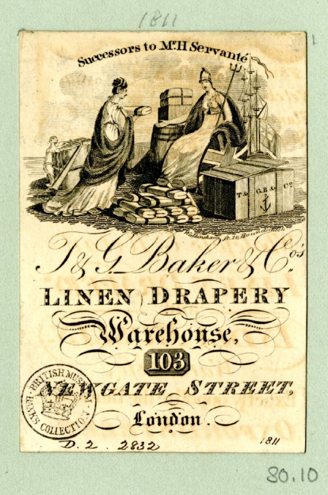 This trade card dated 1811 from a London linen draper is primarily emphasising  the importance of trade and the British Empire with its standardised Imperial  motif. But secondarily all sorts of parcels, boxes and barrels are included –  demonstrating the way fabrics and other goods were transported before it  reached the shops. Courtesy of: © Trustees of the British Museum, Trade  cards, Banks 80.10. (Collection online).