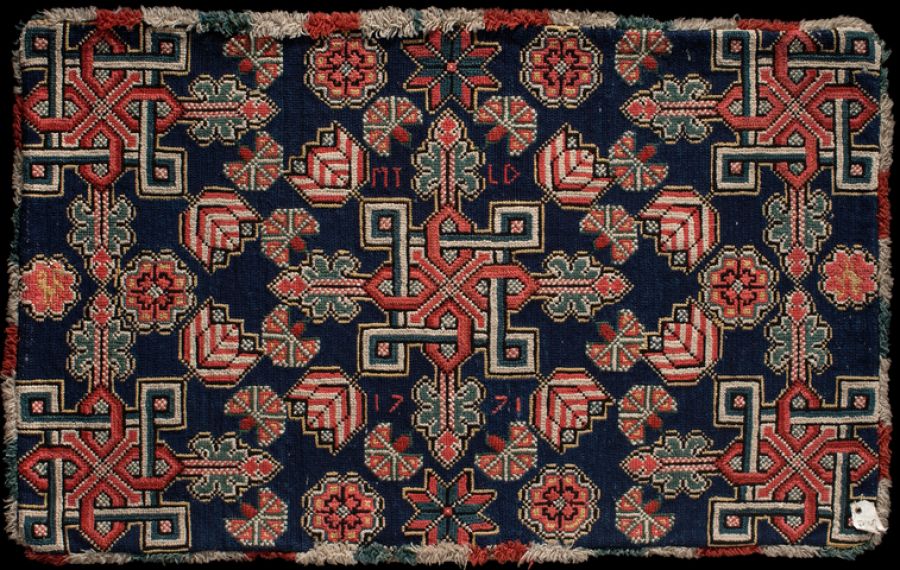 Tvistsöm cushion dated 1771, southwest part of Skåne, Sweden. (Courtesy of: Nordic Museum, Stockholm, NM.0324880, & historical facts from catalogue card. Creative Commons).