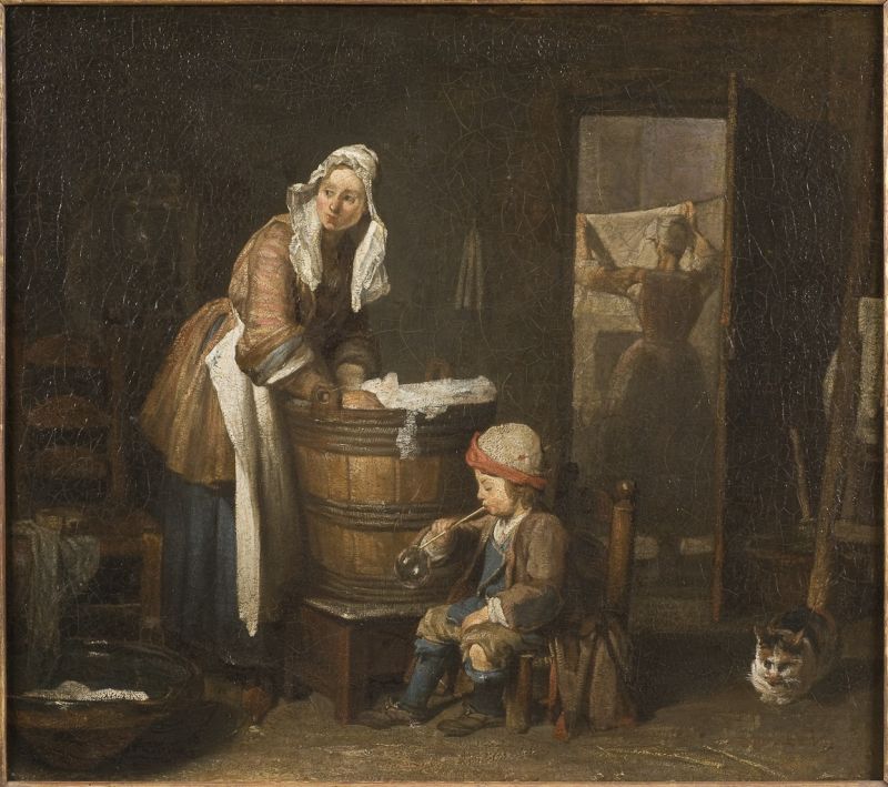 This undated 18th century painting of a ‘Washerwoman’ by Jean-Baptiste-Siméon Chardin (1699–1779), gives a glimpse into how linen was put to soak in a wooden barrel. Probably it is winter or a damp day as linen is hanged to dry indoors. Washing linen may include all from the smallest cap to the largest tablecloth and it must be emphasised that such cloths become very heavy; which would lead to strenuous work for hired washerwomen or some indoor servants employed to do the laundering at regular basis at a manor house like Christinehof. (Courtesy of: National Museum, Stockholm, Sweden. NM 780. Wikimedia Commons).