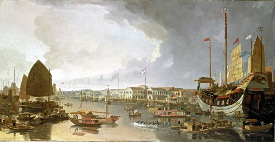‘A view of the Canton factories’ depicted by William Daniell circa 1805-10. This painting is a good comparison to the mid-18th century when the Swedish East India Company ship ‘Götha Leijon’ sailed when already eight factories were situated at this location. The Swedish factory can be seen behind the third flag, where all sorts of goods were collected prior to the return voyage to Sweden, including the many valuable fabrics, packed with special care in chests so as best to be protected against weather and wind as well as harmful creatures onboard during the long sea voyage. (Courtesy: Wikipedia, Public Domain). 