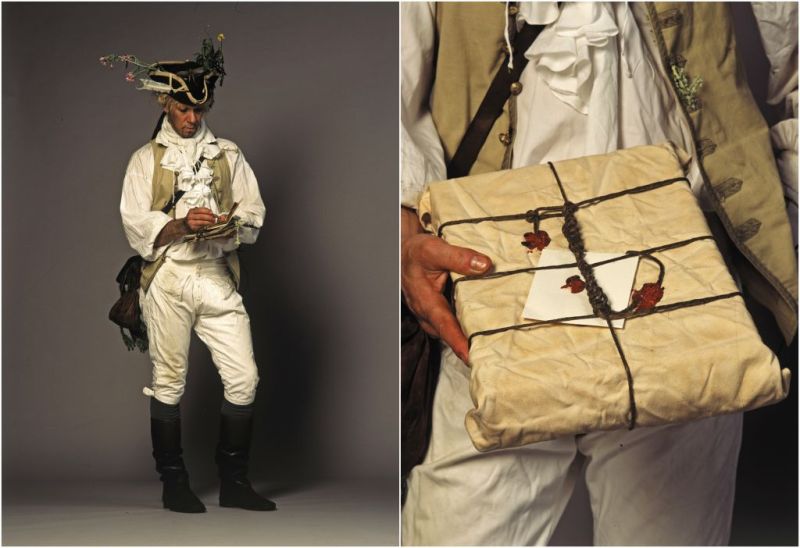 One useful fieldwork item was a container or leather bag suspended from a sturdy shoulder strap, used to collect small plants for later pressing. The naturalist and former student of Carl Linnaeus, Anders Sparrman, also wore a wide-brimmed hat during his journey in southern Africa in the 1770s, as in this reconstruction of an 18th-century botanist. Linen shirt with a ruffled front and pleated sleeves, waistcoat, and knee-breeches of linen. A simpler shirt, without a ruffled front, was another alternative, which must have been easier to keep clean and maintain in the field. Breeches, woollen stockings, sturdy shoes or boots, and a longer coat in bad weather. A difficulty most travellers experienced was that, for long periods, it was virtually impossible to buy cloth or ready-made garments in the remote places they visited. For a long-distance traveller like Sparrman, whose journey lasted for more than four years, it was common, prior to returning home, to send a parcel with minor specimens, seeds, and letters on a ship bound for the home country. (Reconstruction of field dress and a sealed parcel of linen canvas). Photo: Tony Sandin/The IK Foundation.
