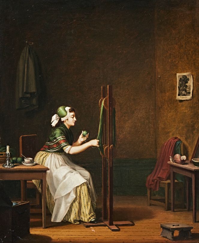 The catalogue text in a translation reads: ‘Pehr Hilleström (1733-1816). A woman who is winding. Signed Hilleström. Oil on panel. 51,5 x 42,5 cm.’ Her careful handling of the green yarn is evident as it is stretched between the two rolling wheels of this traditional wooden winder. The yarn quality was likely wool for knitting, indicated by the number of balls of the same colour visible in the picture, with two additional balls on the table and one or more skeins in the basket. Judging by the interior, the unidentified young woman was most probably intended to illustrate a daughter or servant in a wealthy household. (Uppsala Auktionsverk, sold in December 2021, unknown present owner). 