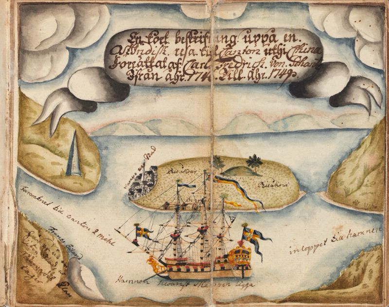Calm waters at ‘Wampoo’ [Whampoa] in China, included as an introduction in the 19-year-old Carl Fredrich von Schantz’s East India travel journal. He was not trained in natural history, as he was an apprentice for the Admiralty on board the East India ship. However, he made a selection of natural history drawings and other depictions in watercolour, which are still pristine. These original illustrative documentations were inserted as separate plates between the copied text pages in the handwritten Swedish journal, a copied, revised version – in his own hand – due to that the first page recorded the exact return date of the voyage ’20 June in 1749’ and this introductory image with ‘the year 1749’. One motivating factor for this effort to document in the text as well as the image may have been that on the same ship – Götha Lejon – another young officer, the 18-year-old Carl Johan Gethe (1728-1765), also kept a detailed journal including watercolours. (Courtesy: Kungliga Biblioteket… M 292, p. 7).