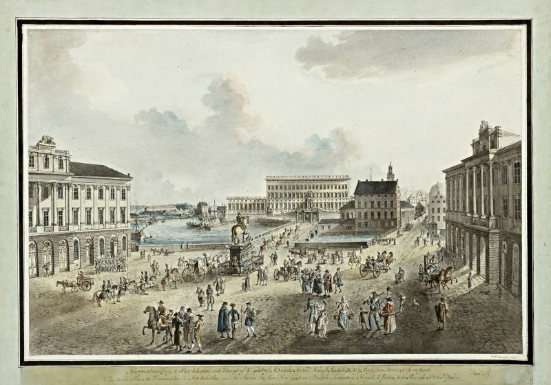 A lively depiction of Stockholm around 1797, contemporary to when Anders Sparrman (1748-1820) became involved in the linen and cotton print-works in Järva, situated on the northern fringe of the capital. At the time when he also still worked at the Royal Swedish Academy of Sciences with the cabinet of natural history specimens at Stora Nygatan (1777 to 1798) in the Old Town. It was just out of the picture if one followed a few streets to the right of the illustrated Royal Palace. |Coloured engraving by Johan Fredrik Martin (1755-1816). (Courtesy: Uppsala University Library, Sweden. alvin-record:80986. Public Domain). 