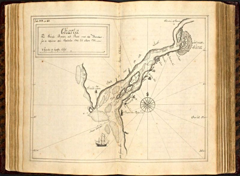 Map of Surat, which Christoffer Henrik Braad (1728-1781) included in his journal of the East India voyage, with a caption which informed that the stopover at this place lasted from ‘September in 1750 to March in 1751’. The busy trading city had a sheltered location along the Tapti River, widening to an estuary and flowing out into the Arabian Sea, from where the East India ship ‘Götha Leijon’ sailed upstream to the seaport. He initially noted: ’We arrived on the Road in Surat on 16 September in the year 1750, and before us, seven other ships had arrived, that is to say: two of the Dutch Company, two Privateers, 2 English and one Moorish, which was fully loaded and ready to sail for Bengal, which it did the same evening’. The city and other towns along the west coast of India were described and illustrated in great detail over several hundred pages, including the complex trading of cotton cloths. (Courtesy: Göteborg University Library…H 22: 3 D, p. 104 & quote p. 92).