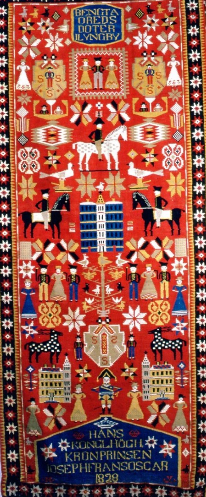 This is a unique double interlocked tapestry woven by the professional weaver Bengta Oredsdotter in  Lyngby 1828, dedicated to the crown prince Joseph Frans Oscar (1799-1859). It is unknown if  Sweden’s king-to-be received this decorative textile. Private owner. (Photo: The IK Foundation, London).