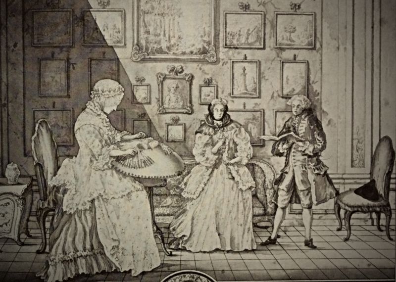 Representation of bobbin lace making and musical entertainment at Tistad manor house, Södermanland in 1768. This contemporary depiction gives a detailed understanding of such handicraft in a home interior of the Swedish aristocracy. A large number of bobbins, half of these are particularly visible, which indicate that the lady was working on a wide model on a bobbin lace cushion placed on a wooden three-feet-table. Furthermore, the owner of this manor house Fredrik Bengt Rosenhane (1720-1800) was associated with the Court in Stockholm just as several members of the Piper family. Likewise, as both Tistad and Ängsö manor houses were situated at less than a one-day-journey by horse and carriage from the capital. (Private ownership: Tinted drawing by F.W. Hoppe).