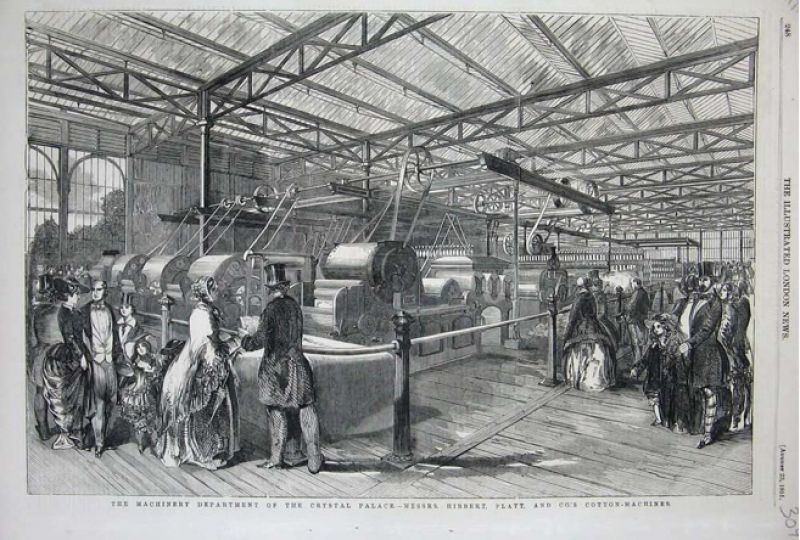 The Great Exhibition was open from 1 May to 11 October and attracted a third of the British population – about six million visitors – presumably numerous people from Whitby also took the opportunity to visit the capital in spring, summer or autumn of 1851. This illustration gives an impression of the exhibited textile machinery as well as the middle-class/wealthy visitors and their fashionable clothing. (Illustrated London News 1851: ‘The Machinery Department of the Crystal Palace – Messrs Hibbert, Platt. and Co's Cotton Machines’).