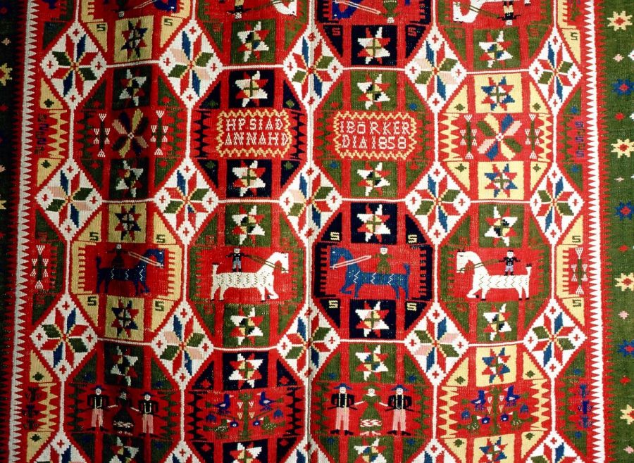 Part of bedcover dated 1858 in double interlocked tapestry, Västra Vram parish, Gärds district,  Skåne. Owner: Kulturen in Lund, Sweden. (Photo: The IK Foundation, London).