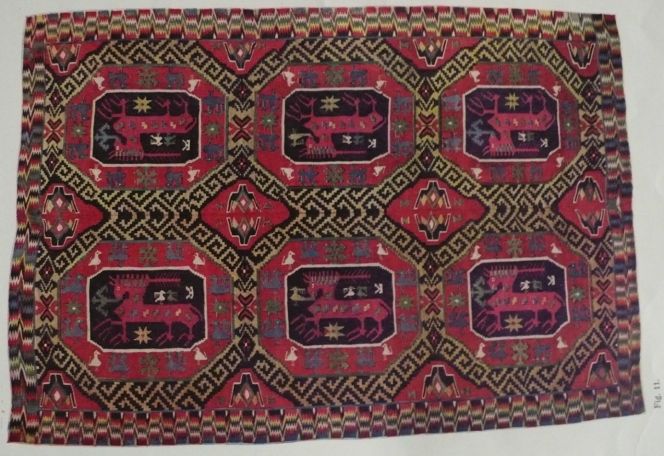 Bedcover dated 1818 in double interlocked tapestry, Skegrie, Tommarp parish, Skytts district,  Skåne. (From Gammal Allmogeslöjd från Malmöhus län, 1916, Fig. 11).