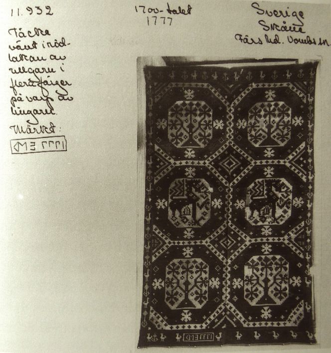 Here exemplified with a catalogue card of a bedcover owned by Malmö museums. Information about  the female weaver is not present, but it is evident that the double interlocked tapestry was woven in  Färs district, Vombs parish ‘of wool in several colours on warp of linen yarn, marked 1777 EMD’.  Owner: Malmö museums, part of text in translated quote. (Photo: The IK Foundation, London).