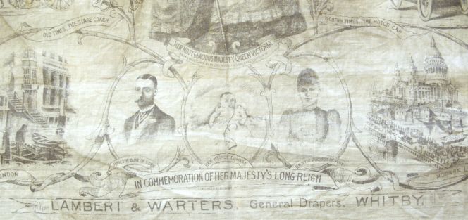 Commemorative handkerchief, print including the name of a local draper’s shop – ‘Lambert & Warters General Drapers Whitby’. (Owner: Whitby Museum, SOH596). Photo: The IK Foundation, London.