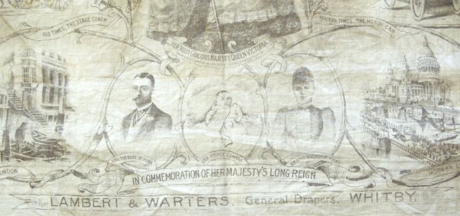 Commemorative handkerchief, print including the name of a local draper’s shop – ‘Lambert & Warters General Drapers Whitby’. (Owner: Whitby Museum, SOH596). Photo: The IK Foundation, London.