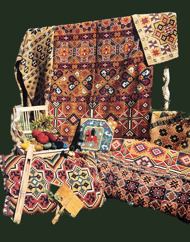 Most of the art woven textiles were stored in chests throughout much of the year, which has helped preserve the colours almost unaltered in many cases up to the present day. The number of textiles in the homes of well-off farmers was also generally large, often necessitating separate rooms for the chests where woven fabrics and other valuable items could be safely kept. Besides being brought out on festive occasions, the textiles also needed to be taken out of the chests to be aired and dusted on fine spring or summer days. It is also worth noting that women in these rural communities during this period evidently produced even more of these textiles than their mothers or grandmothers did in the 1760s. | In illustration: woollen cushions, bed- and bench covers from the first half of the 19th century, all woven in the eastern part of the province of Skåne in southernmost Sweden. (Private Collection in June 1991). Photo. The IK Foundation.