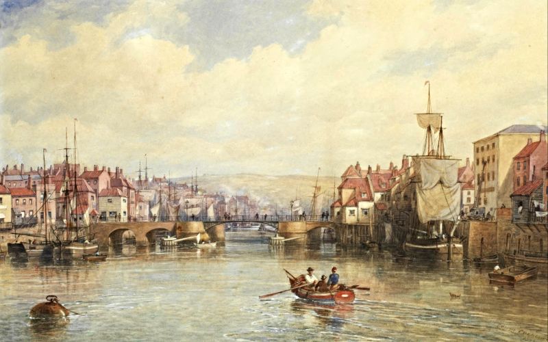 ‘Entering the harbour at Whitby’ in 1872. Just like on several other contemporary local paintings and photographs taken a few decades later – washing lines with linen laundry are visible along the River Esk. |Watercolour by Edwin Cockburn (1814-1873). (Private Collection).