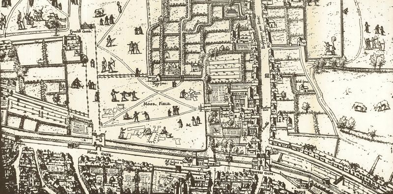 This bird’s-eye view of the Moor Field area in London around 1575 offers a brief glimpse into several stages of caring for household linen. The field was located just north of the city and provided women from nearby quarters, or their hired laundresses, with an opportunity to dry and bleach laundry — including long linen shirts and various lengths of sheets, which are clearly visible. Interestingly, the importance of guarding the linen was marked by women sitting on the ground near their belongings, similar to the earlier image depicted above. Additionally, one long linen sheet appears to be fastened to hooks on the ground, possibly as a method to place valuable fabrics during drying or bleaching. Alternatively, these hooks may have been used as wringers to squeeze water out of the laundry. It is also worth noting that all handwoven linen from this period and the following centuries was initially unbleached, that is, in its original greyish-brown flax fibre colour. After each wash, the linen sheets and garments gradually became whiter over time. (Detail of plate from a map of London. Image: Wikimedia).