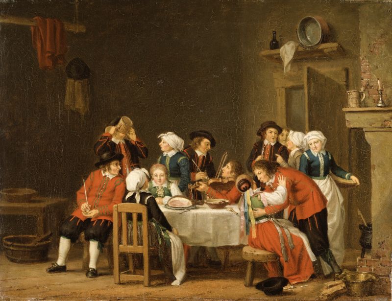 ‘Convivial Scene in a Peasant's Cottage’ – oil on canvas by Pehr Hilleström dated circa 1780 to 1810. This depiction probably illustrated a Sunday come-together in the neighbouring province Skåne, but the similarities linked to home interiors were many with Blekinge. The focus here will be the fine linen tablecloth, which had comparable uses, social status and desirability in Sweden's two southerly provinces. Tablecloths were also one of the largest groups of textiles registered in the Blekinge estate inventories, from two or three such fabrics to more than 30 examples in the same home, often combined with an even more significant number of linen napkins. Both textile categories were essential parts of the young woman’s textile dowry among the comfortable living farmers. (Courtesy: National Museum, Sweden. NM 966. Wikimedia Commons).
