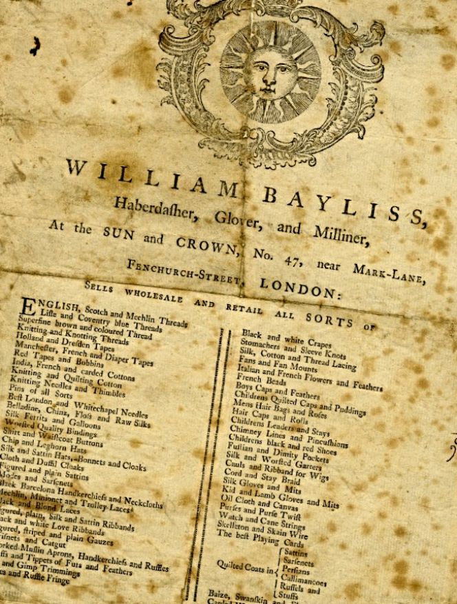 This detailed trade card from a London ‘Haberdasher, Glover, and Milliner’ dated 1769 at the back, reveals rare information about the business that sold ‘Fustian and Dimity Pockets’. Qualities were woven of a hard-wearing twill-fustian, mostly came in one single colour and were distinguished by checks or stripes, both suitable for pockets. One may assume that these were standard fabrics for pockets, as such items are included on several trade cards in this collection. (Courtesy: Trustees of the British Museum, Trade cards, Heal 70.7, Collection online).