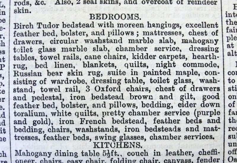Auction of Household Furniture via the auctioneer/valuer Robert Gray, part of advertisement which listed objects in ‘Bedrooms’ – including ‘Quilts’ – published in Whitby Gazette in May 1880. (Collection: Whitby Museum, Library & Archive). Photo: Viveka Hansen, The IK Foundation. 