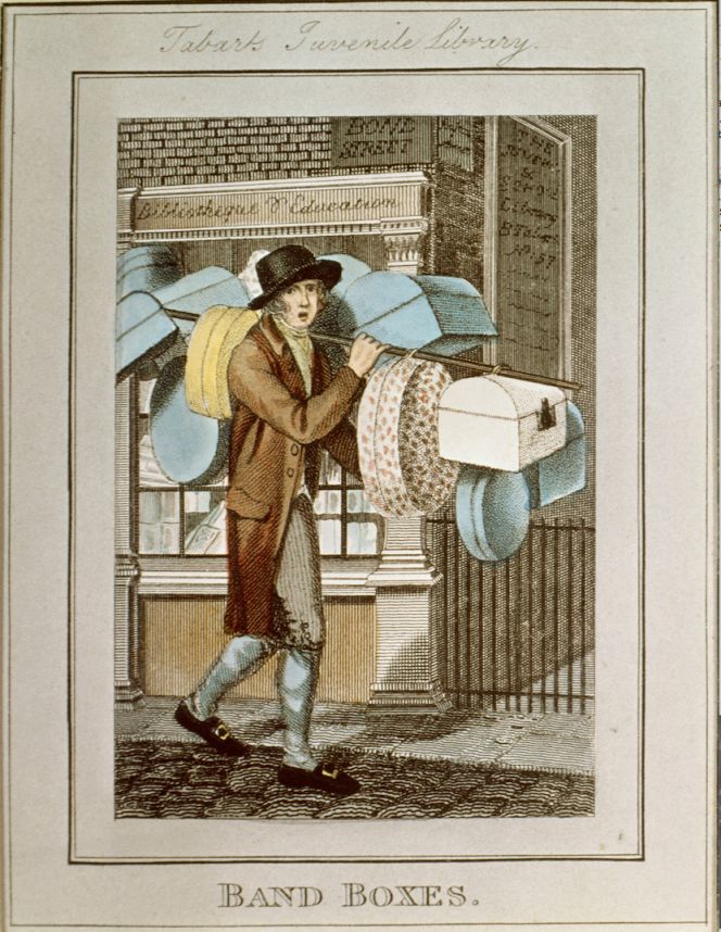Rare illustration of a selection of box models for bands and a handy transport method with a rod,  probably depicting a London errand boy/seller. Print and hand-coloured copperplate engraving  1804 by Edward Williams, William Marshall Craig & Richard Phillips. Courtesy of: Museum  of London. (35.96/15, Electronic Source).