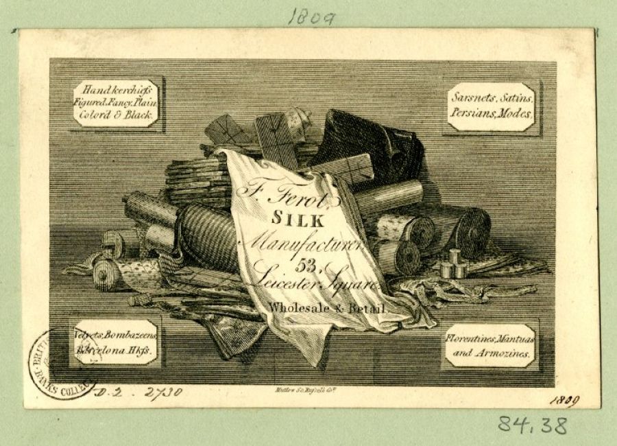 This London trade card dated 1809 in pencil has a rare design showing such close-up details of fabrics, silk reels, ribbons of silk and wrapped paper parcels tied with a string. Courtesy of: © Trustees of the British Museum, Trade cards, Banks 84.38. (Collection online).