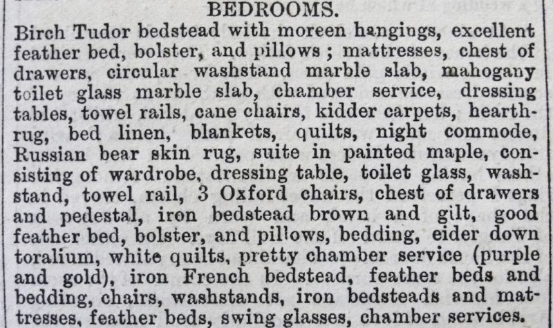 Whitby Gazette 1880, Auction of Household Furniture, showing part of the advertisement ‘Bedrooms’ (Collection: Whitby Museum, Library & Archive). Photo Viveka Hansen, The IK Foundation, London.