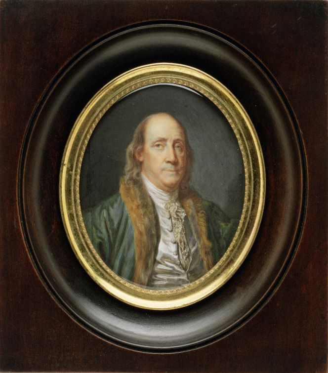 Benjamin Franklin (1706-1790), after a Painting by Greuze in 1777. This depiction was made slightly later than his correspondence linked to notes on silk, but it seems like he as most people of influence had a personal interest or desire to wear fine fabrics woven of silk. Due to that he was portrayed in a fur-edged silk or woollen coat and a waistcoat of shiny silk material. (Courtesy of: Metropolitan Museum of Art, New York, US. No: 68.222.9).