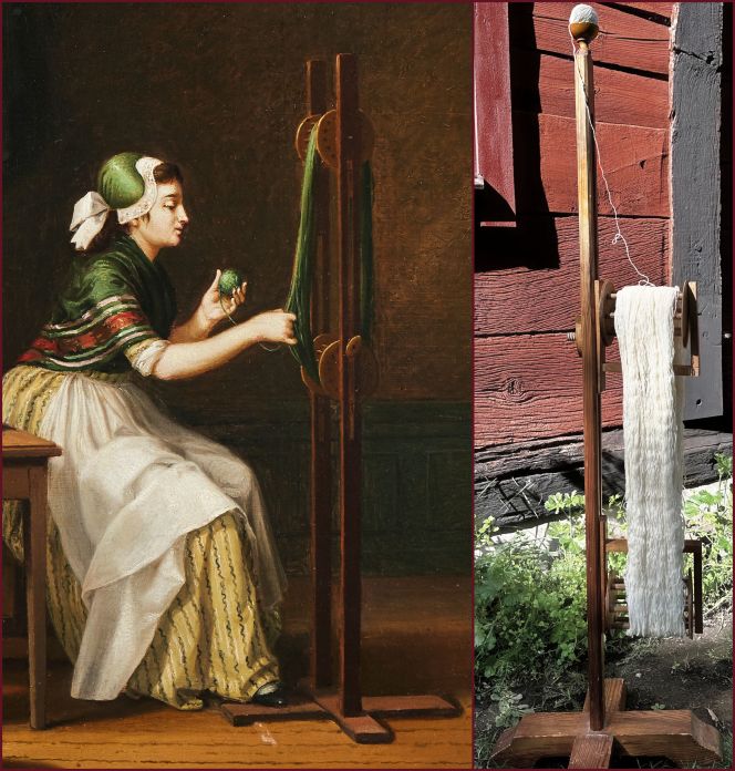 It is notable that the wool winder in the interior painting is almost the exact same model as this somewhat later 19th-century yarn winder. (Detail of Pehr Hilleström painting, above and wool winder in private collection). Photo. Viveka Hansen, The IK Foundation. 