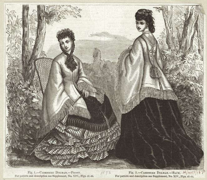 To be compared with the shape and size of this contemporary dolman, published in Harpers’s Bazaar November 1871 (Courtesy of: New York Public Library Digital Gallery Website).