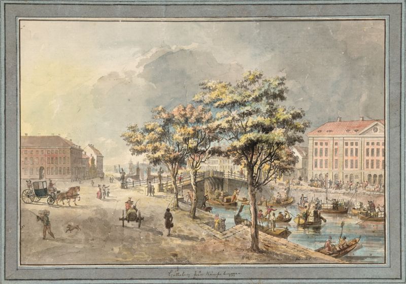 This graphic water-colour by Elias Martin from 1787 shows the bridge Kämpebron and the canal outside the Swedish East India Company building (constructed 1747-1762) in Göteborg. Although it was painted a few decades after the East India voyages of the Linnaeus Apostles, the trade using canal boats to transport goods from ships further away in the harbour and unloading goods at the Factory can be assumed to have looked fairly similar. (Courtesy of: Göteborgs Stadsmuseum…).