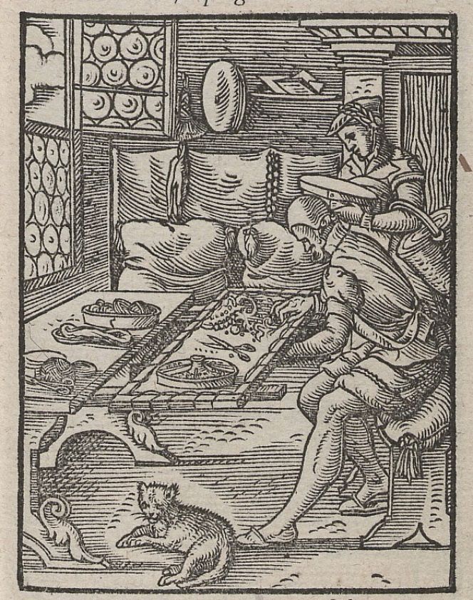The somewhat later depiction (1568) of “Embroiderer in Silk and Pearls” by Jost Amman gives a detailed impression of how the daily life was carried out in a small workshop. The embroiderer was seated on a bench-cushion for comfort whilst the upper part of the window was open to get in as much light as possible to aid the fine work. He used a frame, various silks and yarns, a round box divided into smaller sections for needles, thimbles, pearls and other necessary items. Most probably, the trade and its methods of stitching etc were very similar during the late Medieval period.