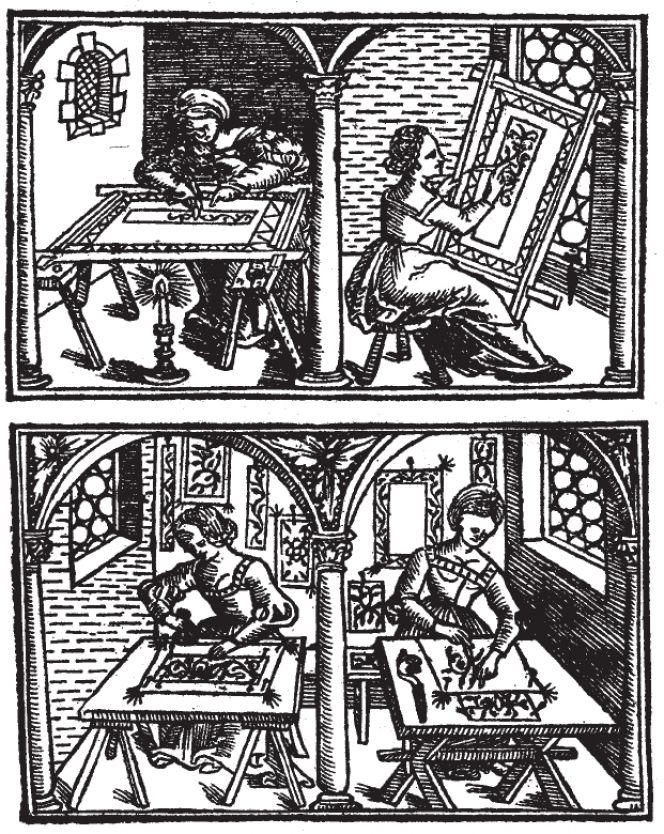 The more than two-hundred year older publication ‘Buratto, a Book of Embroidery’ printed in  1527, demonstrates quite clearly how a woman in four different ways transferred an embroidery  motifs to a fabric. (Paganino, Alessandro, Il Burato, Libro de Recami, 1527 [1518], p. 87).