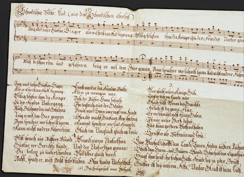 A few undated 18th century documents kept in the Piper Family Archive include notes as well as text. This unique example was written and drawn by hand with the German title ‘Schwedisches Folks Lied’ (Swedish Folk Song). (Collection: Historical Archive… D/IX:18). Photo: The IK Foundation.