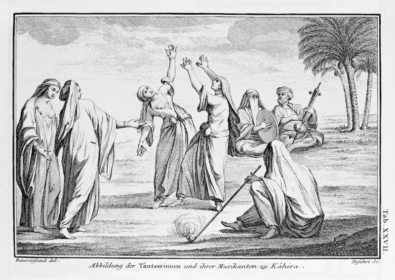 A second example of Fredrik Hasselquist’s observations (June 1750) of women dancers in Egypt, concurs fairly well with this depiction made during another Linnaeus’ apostle, Peter Forsskål’s visit to the region about ten years later by the draftsman of the Royal Danish Exhibition to Arabia. Named: ‘Female dancers and their musicians in Kahira’. Such dancing, the music and the women’s dress were noted by Hasselquist; the costume consisting of blue linen, at times the dancers showed their faces or hiding behind veils as decreed by local custom. (Originally in: Niebuhr, Carsten, Reisebeschreibung nach Arabien…Tab. XXVII).