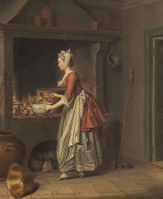 The Swedish artist Pehr Hilleström made several paintings of kitchen interiors from wealthy homes – this detailed example dating circa 1760s-1770s. The wood fired stove, pans and other utensils in picture may be compared with the everyday work in the kitchen at Christinehof manor house. The female servants illustrated in such 18th century interiors are often surprisingly fashionably dressed. However, some practical garments were depicted like a large piece of cloth serving as an apron and the tied fabric on top of the head to keep hair and cap in place. (Sold by Uppsala Auctions Kammare in 2009, unknown present owner, Wikimedia Commons).