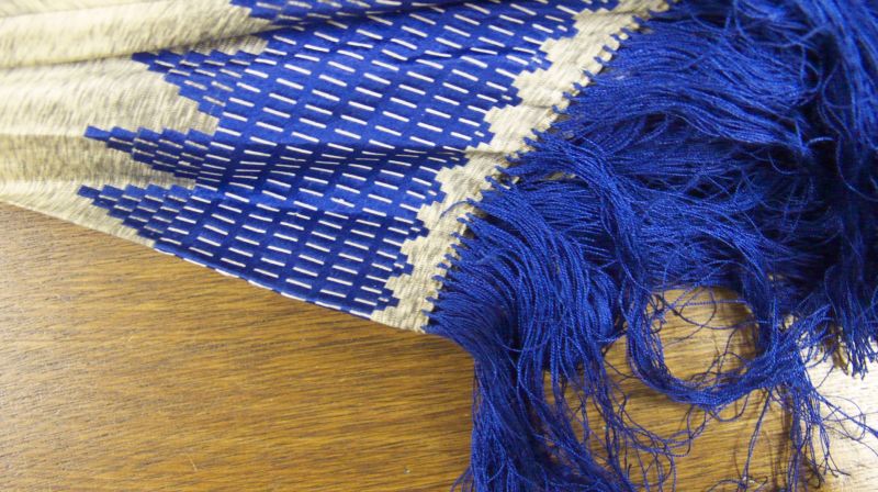Close-up picture of 1860s parasol – from the collection in the Whitby museum – with a strong azure blue colour  on silk fabric and fringe, a shade that was not possible to achieve earlier using natural dyes, but with the help of synthetic dyes became widely popular. (Collection: Whitby Museum, Costume Collection). Photo: Viveka Hansen.