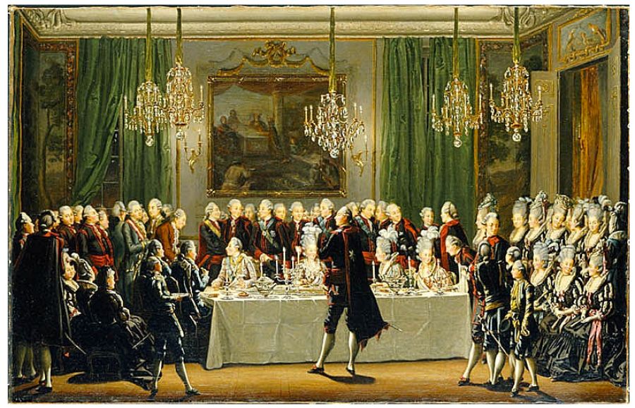A contemporary painting depicting how a linen tablecloth of this standard was used. One can reflect that  the extensive width as well as length of the fabric was necessary for the tablecloth to reach the floor at all  four sides of the elegantly laid table. Oil on canvas by Pehr Hilleström – ‘Stockholm Palace New  Year’s Eve 1779’. Courtesy of: The National Museum, Sweden (Wikimedia Commons).