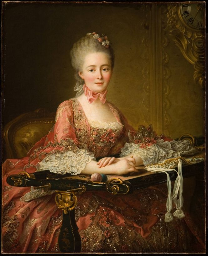 This contemporary portrait of Marquise de Caumont La Force in 1767, shows three-layered ruffles at her elbow length sleeves of a more lavish design than on the panting above. The young French lady wore a court dress of the most exquisitely woven silk and the attached lacework was most probably professionally made, a so-called ‘Point d’Angleterre de Flandre’ made in Brussels. A type of needle-lace, which was one of the most admired at the time. However, the lady portrayed here was also engaged in handicraft, in her case it seems to be tambour embroidery – judging by the slightly visible small wooden hook in her left hand – stretched on an elegant frame. Oil on canvas by François-Hubert Drouais (1727–1775). (Courtesy of: David Owsley Museum of Art Ball State University, No. 1995.035.125. Public Domain).
