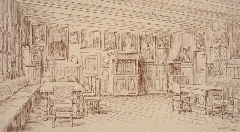 Reconstruction of the living room at major Söffren Christensen’s residence “The Flensburg house” in Malmö 1651, drawn after listed items in an estate inventory by Einar Bager in 1936. Among other interior furnishings, cushions and long bench covers are sketched without revealing any further features of used motifs or techniques. (Courtesy of: Malmö Museum, MHM 007355:011, Creative Commons).