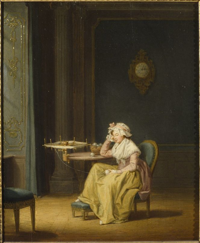 Even later interior paintings from aristocratic Swedish homes, by the artist Pehr Hilleström circa 1770s-1790s, give several examples of complex inlayed wooden floors without carpets. Not only in depictions like this “The Wool Winder” when the handiwork may have stained the carpet, but also in most other wealthy interior paintings depicting everyday life 20, 30 or even 40 years after the Inventory of 1758 – which often lacked any form of mats. (Courtesy of: National Museum, Sweden. NM 2453. Wikimedia Commons).