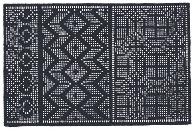 One of the motifs depicted in ‘Buratto, a Book of Embroidery’ printed in 1527 is this centred wave or zigzag design. Such printed books for embroidery in the 16th and 17th centuries, have been regarded as important sources of inspiration for well-to-do households of the nobles, bourgeoise and priests who could afford to buy books. Later on in the 18th century, similar combinations of motifs were also spread to women in the farming communities. Either via preserved books, designs copied on to paper or other material or by direct contact with ready-made textiles – which all could influence and give ideas for embroidery as well as for art woven techniques like “rölakan”. (From: Paganino, Alessandro, Il Burato, Libro de Recami, 1527 [1518], p. 58).