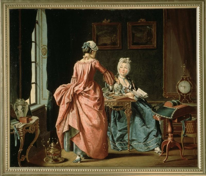 This somewhat later oil on canvas by Pehr Hilleström in 1775 may be studies from several angles of a wealthy home in 18th century Sweden. The consumer revolution is present in silk fabrics, pearls, porcelain, gilded furniture and much more in the luxurious interior where the lady is served tea or coffee by the almost equally fashionable lady’s maid or female relative. The depiction of her relaxed everyday life also included some useful or industrious occupations – as reading and bobbin-lace making. Whilst the dark green hanging curtains loosely were tied back to each side of the window to give a pleasant light and present a decorative elegance of the home. (Courtesy of: Nordic Museum… NM.0177655*1, Digitalt Museum).