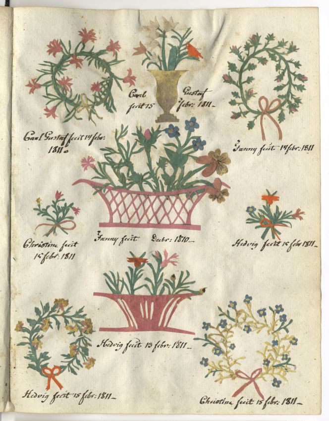 Handicraft and educational craft could take many forms. The uniquely preserved silhouette cutouts dating from 1810-1811 are very similar in design to popular motifs used on contemporary embroidered samplers by girls. This is one of two pages, kept in a volume which originally belonged to Gustaf Piper (1771-1857), the second son of Carl Gustaf Piper discussed in the estate inventory above. Furthermore, it is believed that these finely arranged paper silhouettes were made by three of his children, who at this time were about eight to twelve years old. (Courtesy: Uppsala University Library, Sweden. alvin-record: 99409. Public Domain).