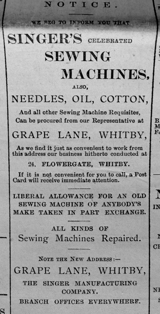 Whitby Gazette in July 1898, Advertisement for Singer Sewing Machines. (Collection: Whitby Museum, Library & Archive). Photo: Viveka Hansen, The IK Foundation, London.