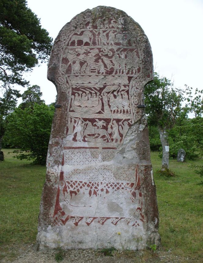 This Viking Age picture stone situated at Stora Hammar, Gotland in Sweden illustrates among  many motifs the design of the large “interlaced” sails, which were part of the longships’  success and possibilities for sailing long distances. (Courtesy of Wikimedia Commons).