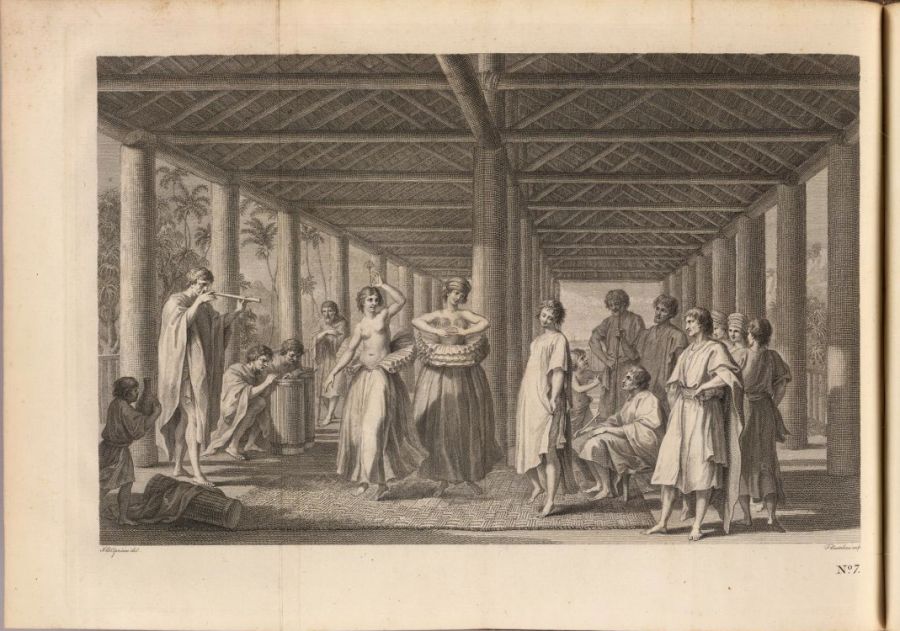 Example of clothes made by local bark cloth, used by inhabitants at Ulietea [Raiatea] illustrated 1769 (with some Europeanisation). John Hawkesworth, ”An Account of the Voyages undertaken by the order of his present Majesty for making Discoveries in the Southern Hemisphere…„, vol. 2 plate 7. (‘Dancing at Ulietea’), London 1773.