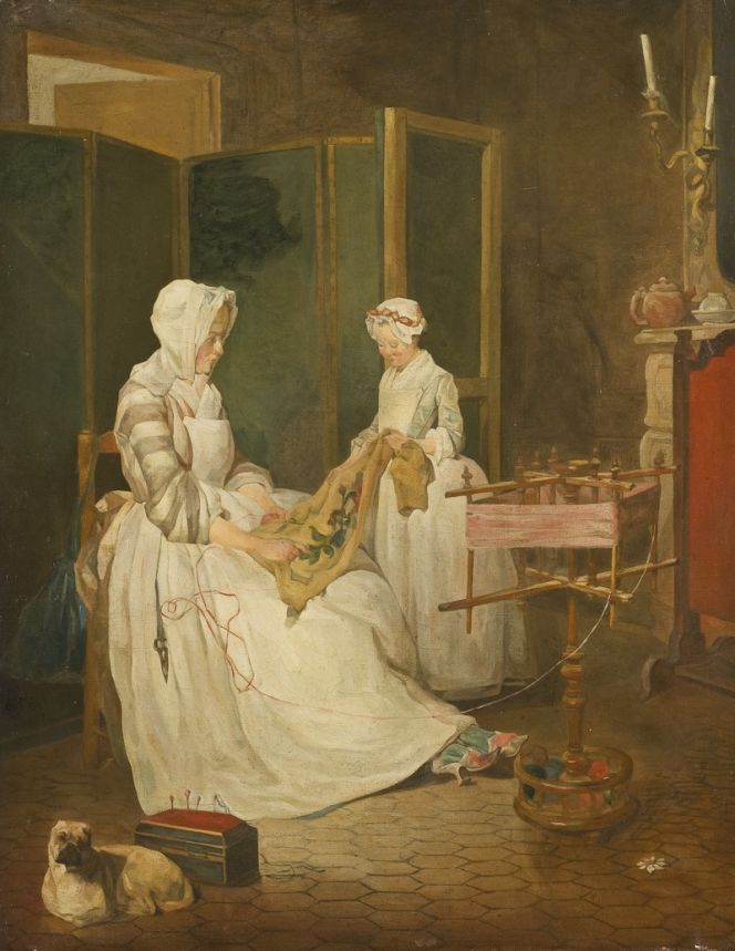 Even if “all” girls of the nobility and bourgeois in Sweden, France and many other countries alike had learned the craft of embroidery, it is not realistic to assume that every woman liked or even embroidered regularly. ‘The diligent mother’ who learned her daughter useful textile crafts as embroidery and winding yard were true for some. Undated oil on canvas, ca 1740s-1750s, by Jean-Baptiste Siméon Chardin (1699-1779). (Courtesy of: National Museum, Stockholm, Sweden. NM 784, Wikimedia Commons).