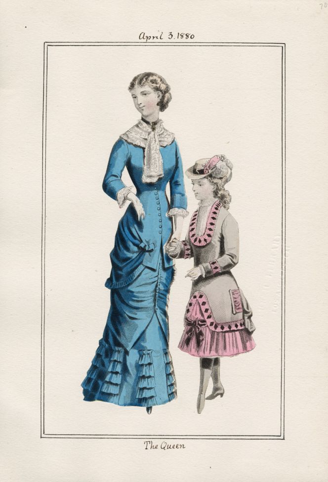 In the period from 1880 to 1885: The bustle now reaches its greatest size at the back, while the bodice is  fastened with many buttons at the front and as before hangs down over the bustle, but the train  begins to shrink from the middle of the decade. Pleating, gathering and decoration of the skirt reach a  high point early in the decade but then diminish; sleeves are narrow. Silk and velvet favoured,  preferably in combination. Clothes still extremely inconvenient to wear. However, some caution  must be taken into account when studying fashion plates of this era, whilst idealised  depictions were common. (Courtesy of: “The Queen”, A French Magazine, Casey Fashion  Plates, Los Angeles Public Library, online collection).