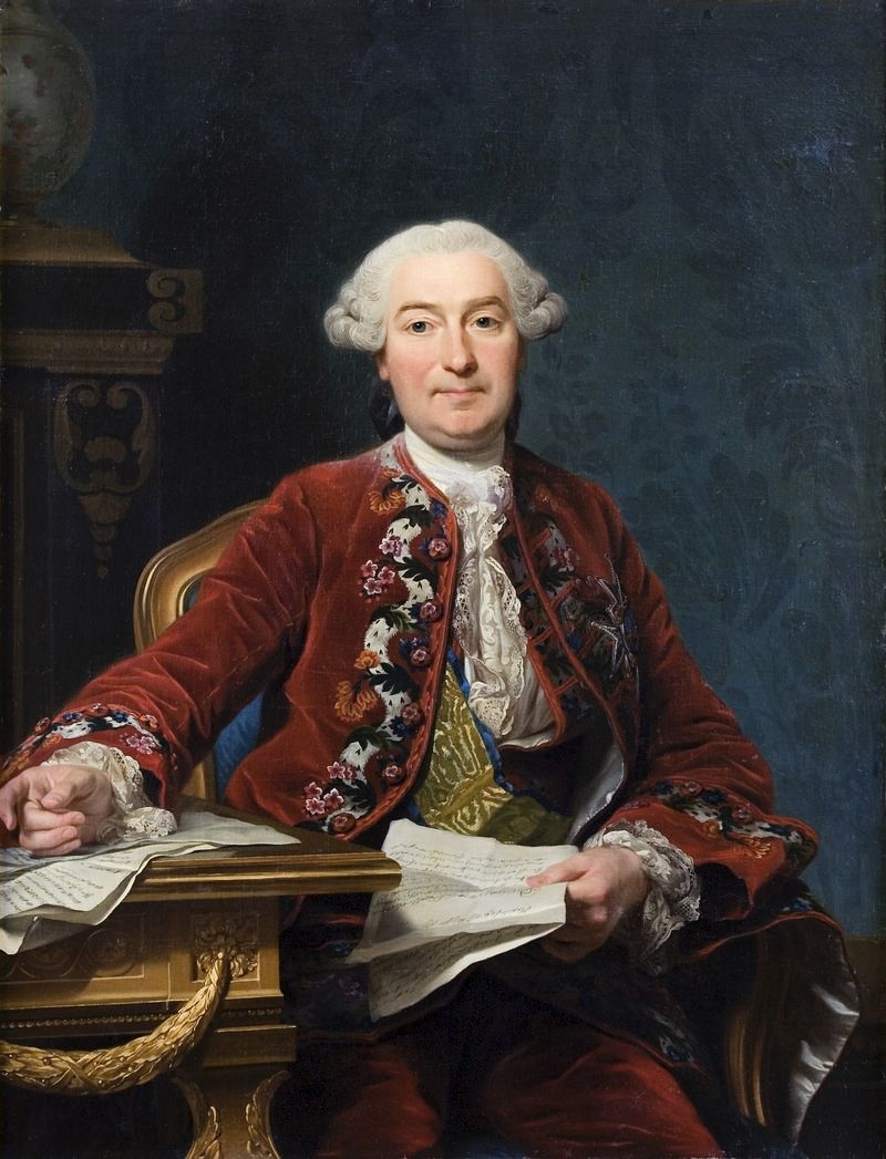 The dark blue wall covering in this portrait of baron Ulric Scheffer (1716–1799) may be compared to some of the choices listed for the walls in the 1758 Inventory, but there is some uncertainty if the depicted quality was a woven fabric, painted on linen cloth or of paper quality. Even if the portrait was made during Scheffer’s time as ambassador in Paris 1763, by the artist Alexander Roslin, connections to the Swedish nobility in general and the Piper family in particular can be traced from more than one perspective. Most importantly they belonged to the same social circles of the most wealthy nobility in Sweden. Furthermore Scheffer somewhat later in time married Christina Charlotta Piper (1734–1800) in 1773, the daughter of Carl Fredrik Piper and Ulrika Christina Mörner of Morlanda who had Christinehof manor house as one of their residences. (Courtesy of: Skokloster Castle, Sweden. SKO 2300. Wikimedia Commons).